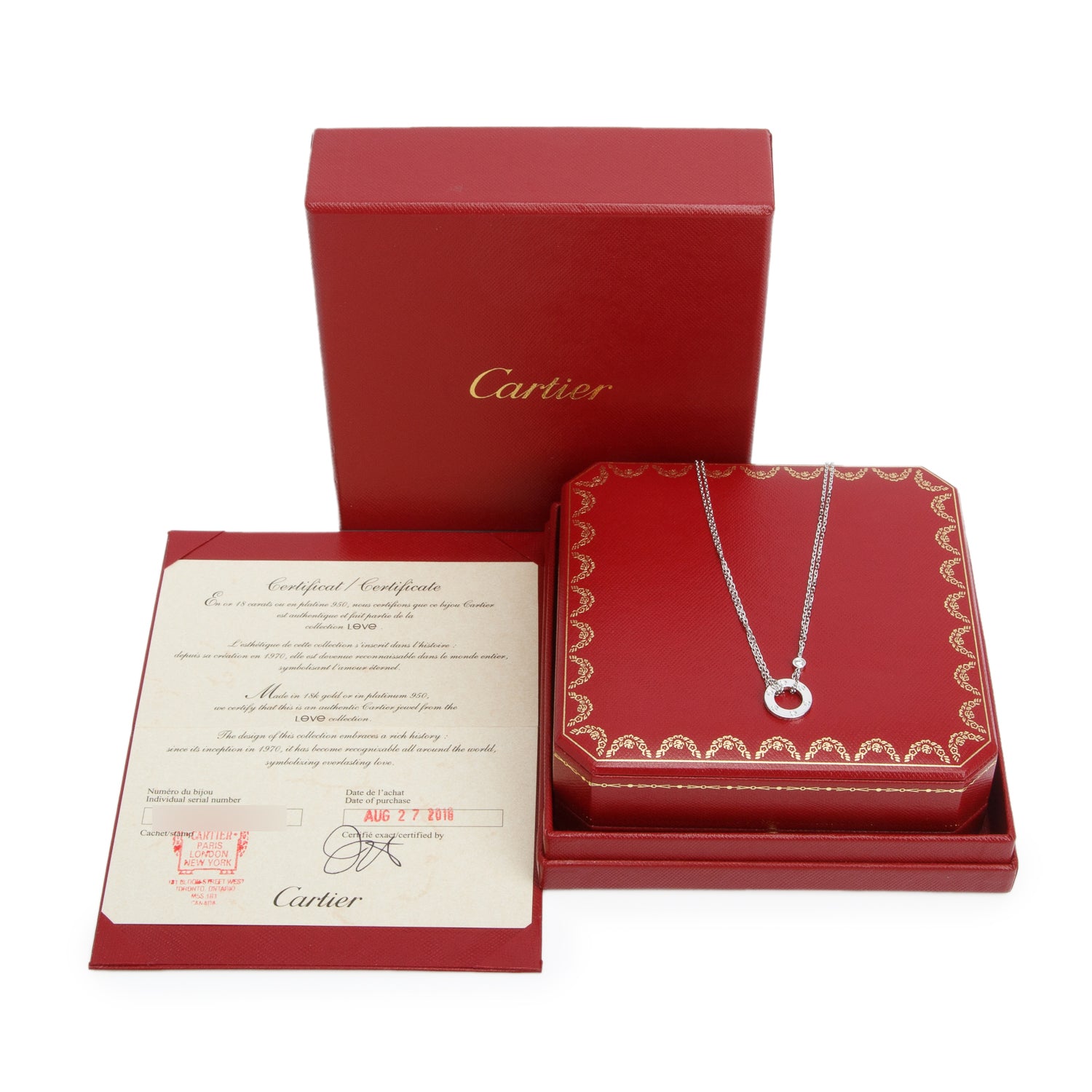 Cartier 18k White Gold 2 Diamond Love Pendant Necklace w/ Box & Certificate