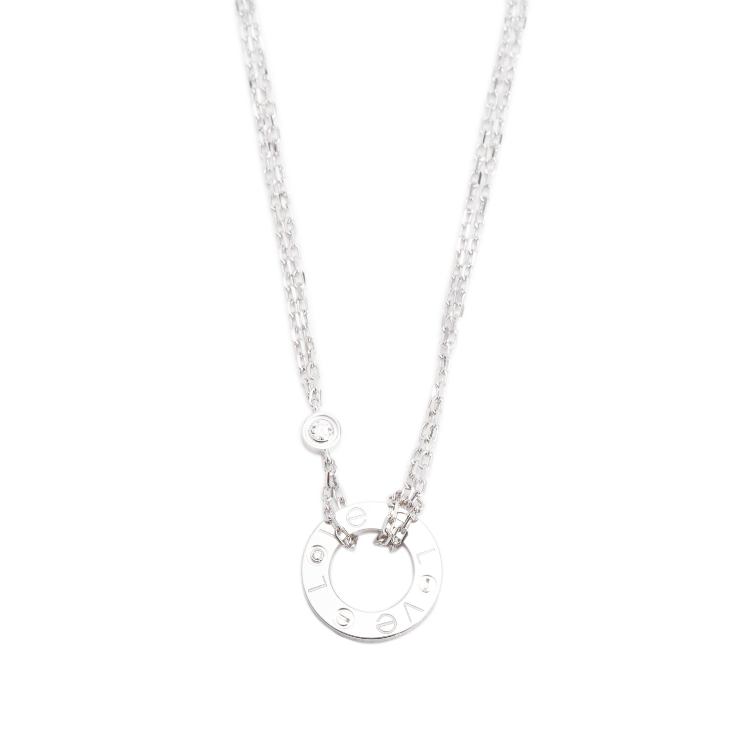 Cartier 18k White Gold 2 Diamond Love Pendant Necklace w/ Box & Certificate
