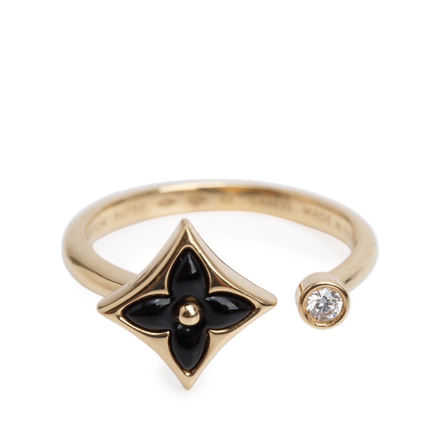 Louis Vuitton 18k Yellow Gold Diamond & Onyx Mini Star Blossom Ring, Size 53 6.75