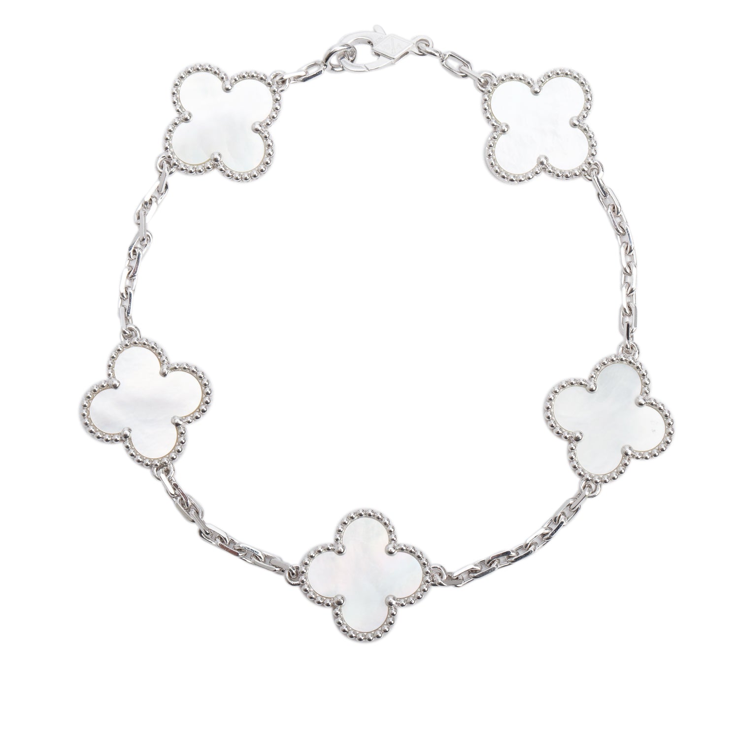 Van Cleef & Arpels 2025 18k White Gold Vintage Alhambra 5 Motif Mother of Pearl Bracelet w/ Box & Receipt