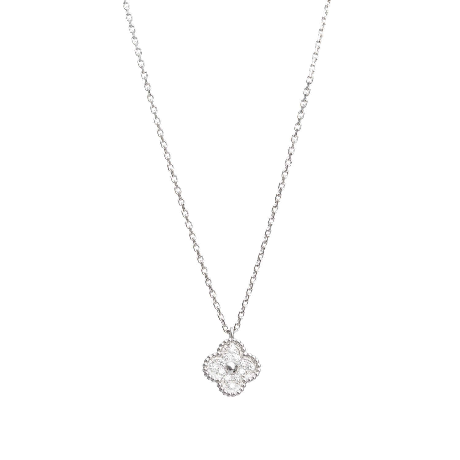 Van Cleef & Arpels 2025 18k White Gold Diamond Sweet Alhambra Pendant Necklace w/ Box & Receipt