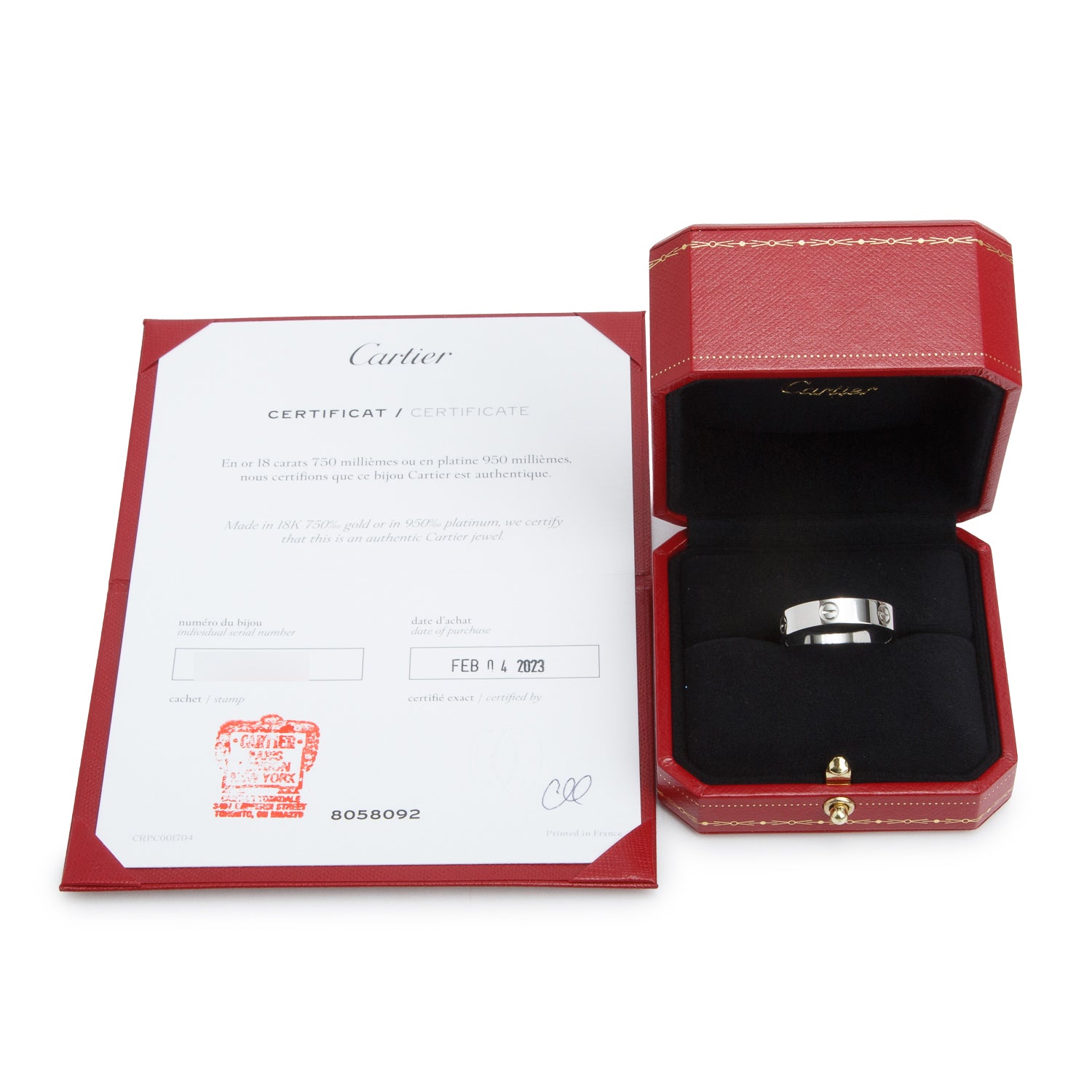Cartier 2023 Platinum 5.5 MM Love Ring, Size 69 12.75 w/ Box & Certificate
