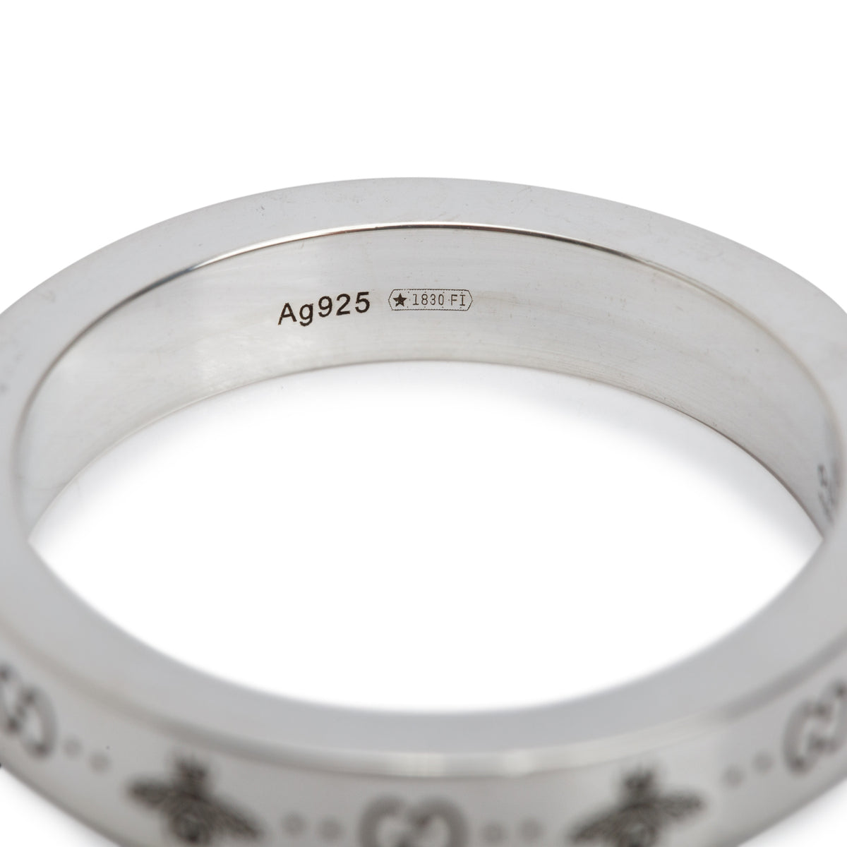 Gucci Sterling Silver GG And Bee Engraved 4 MM Band Ring, Size 20 9