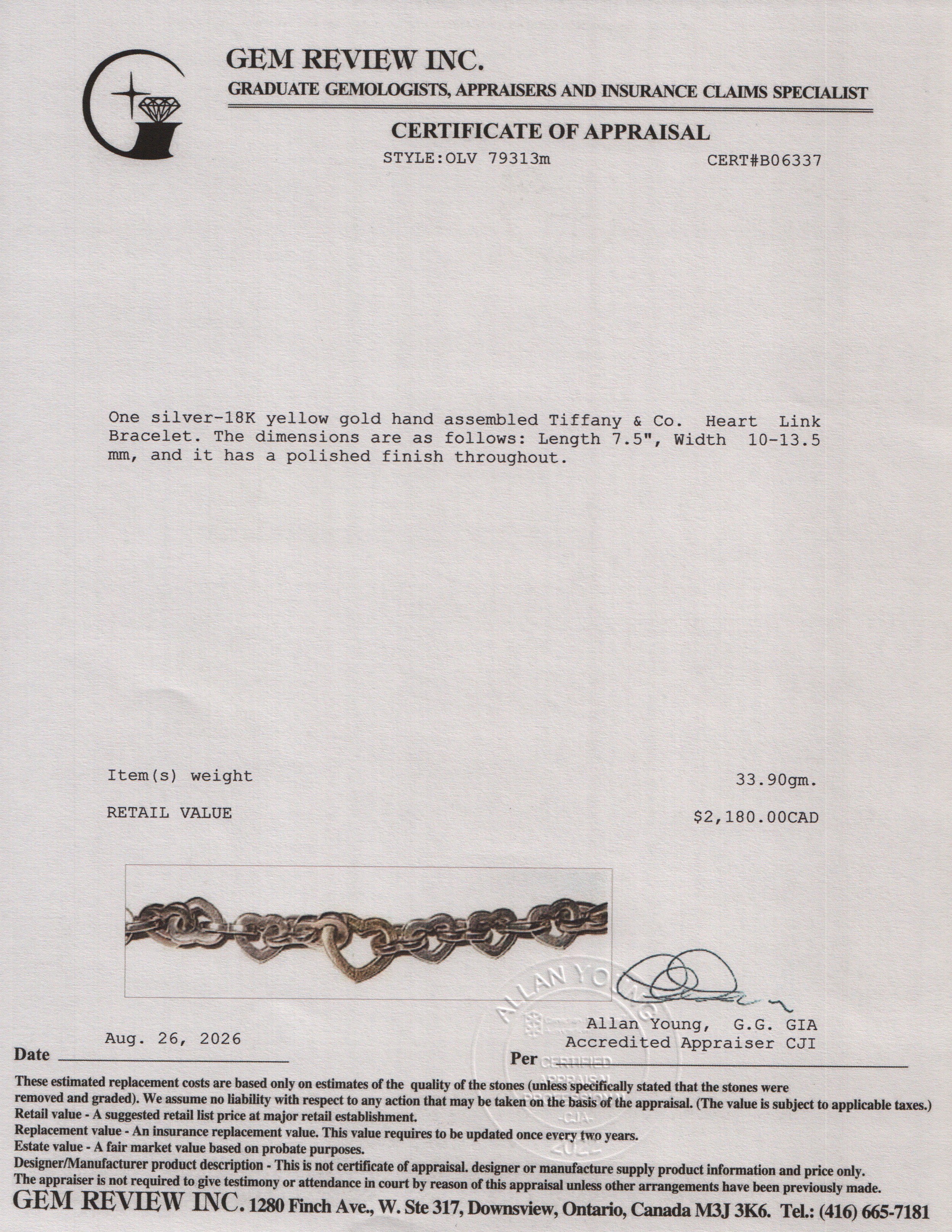 Tiffany & Co. Sterling Silver & 18k Yellow Gold Heart Link Bracelet w/ Box