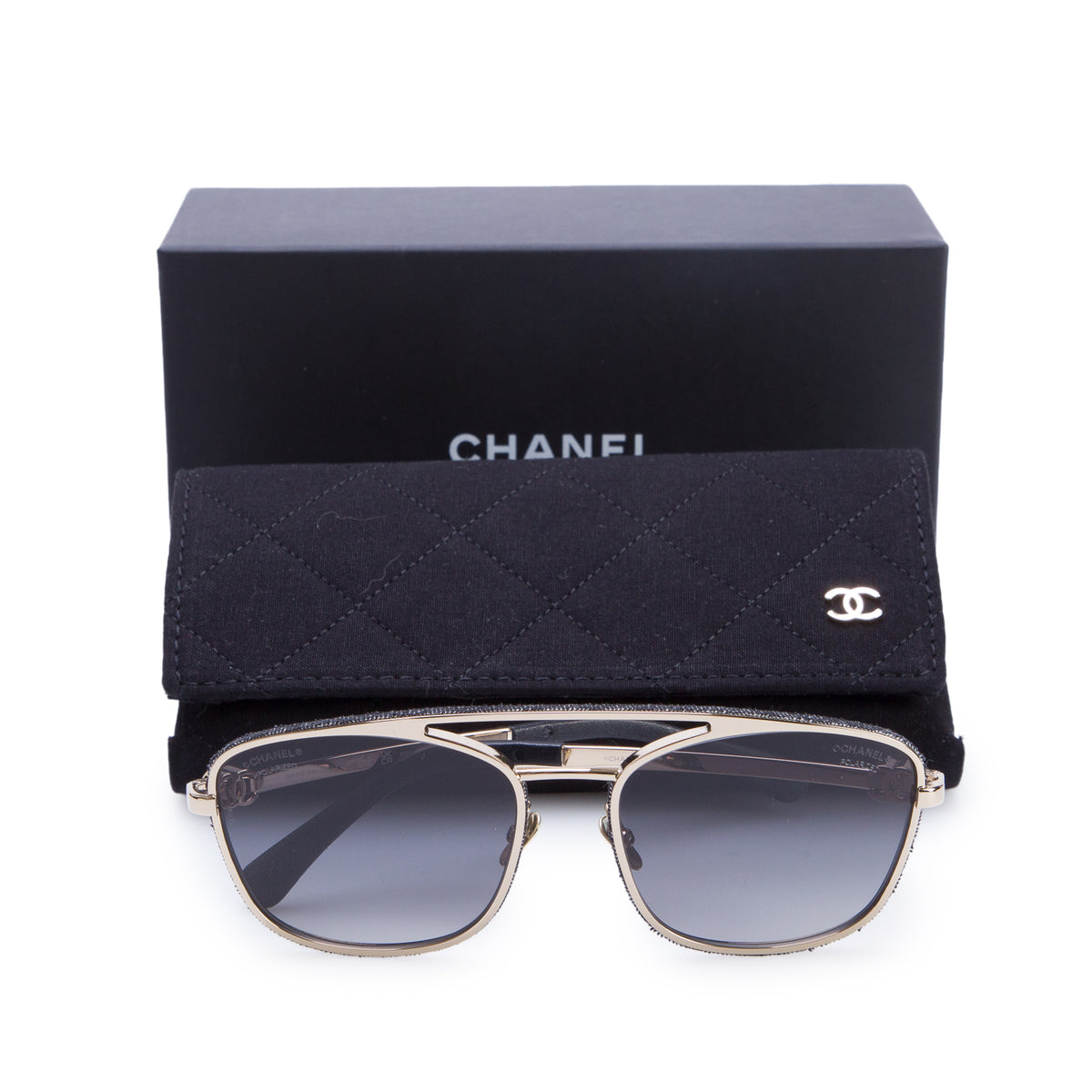 Chanel 4290-Q Gold-Tone Calfskin & Denim Pilot Sunglasses
