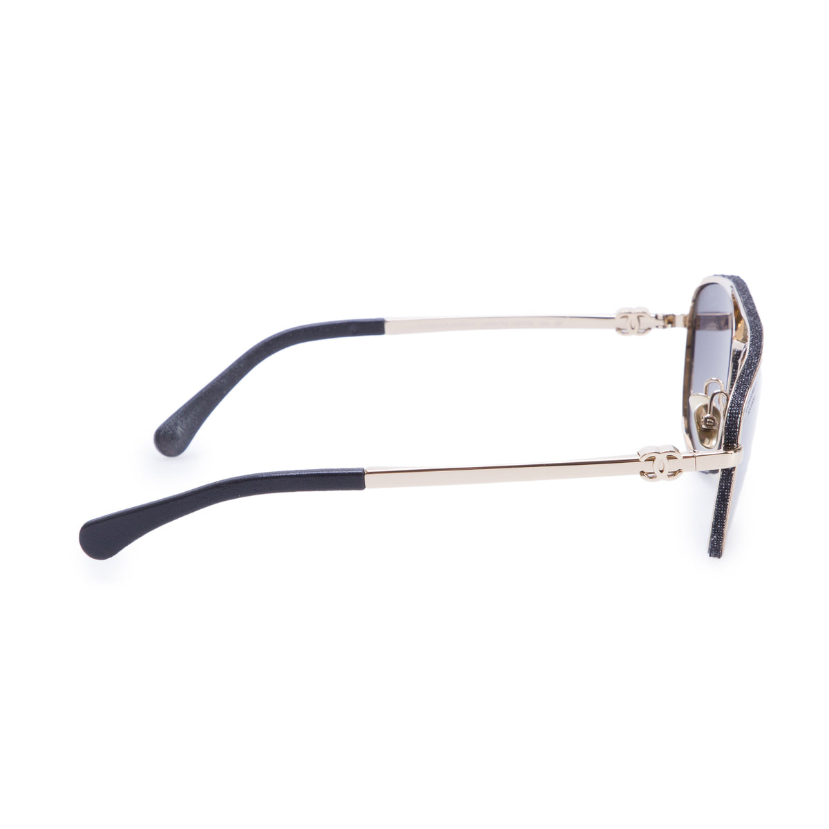 Chanel 4290-Q Gold-Tone Calfskin & Denim Pilot Sunglasses