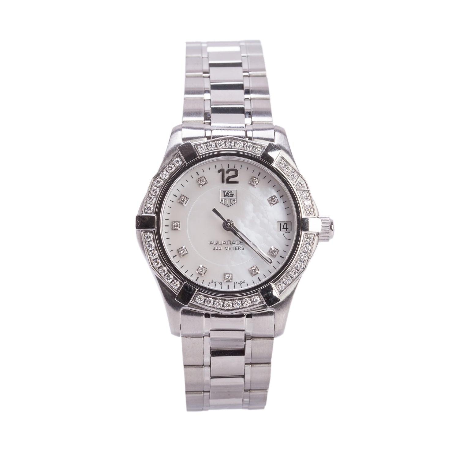 Tag Heuer Stainless Steel Diamond Bezel Aquaracer 32 MM Quartz Watch Mother of Pearl Diamond Dial WAF1313 w/ Box & Papers