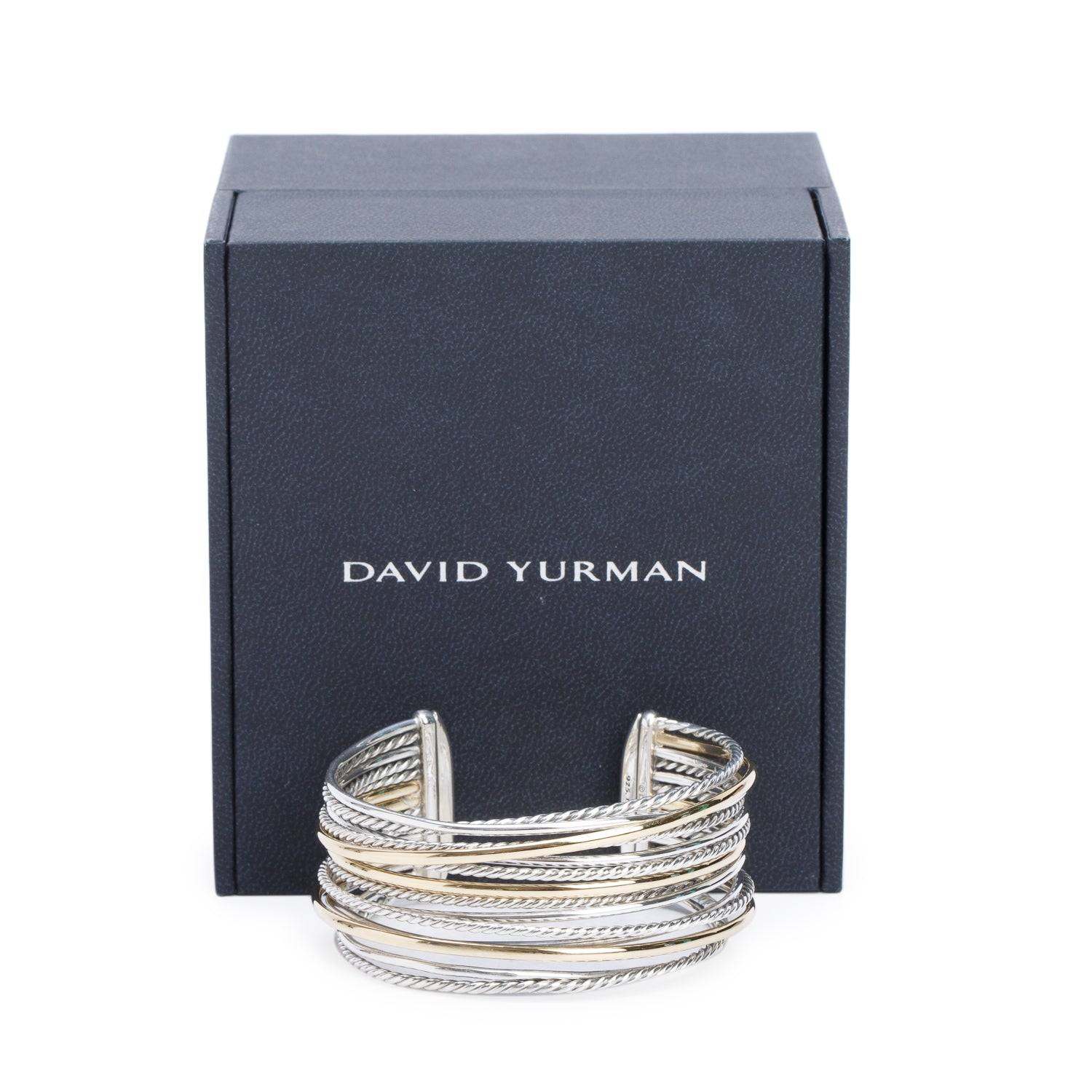 David Yurman Sterling Silver & 18k Yellow Gold 27.5 MM Crossover Cuff Bracelet w/ Box