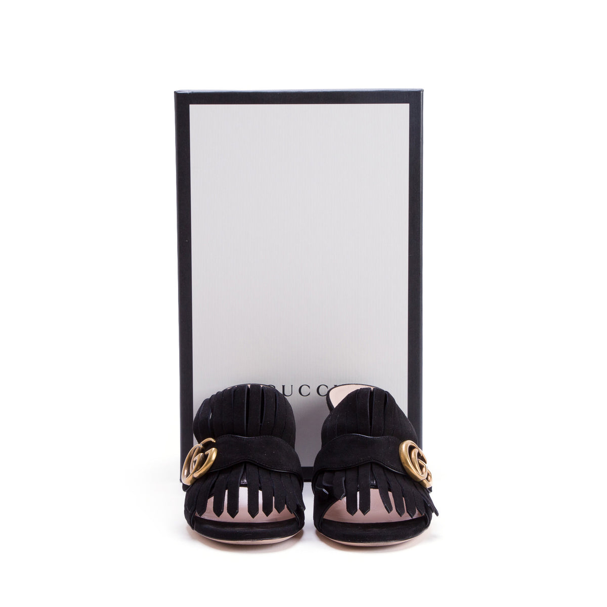 Gucci Black Kid Scamosciato GG Marmont Fringe 75mm Slide Sandals, Women's Size 37