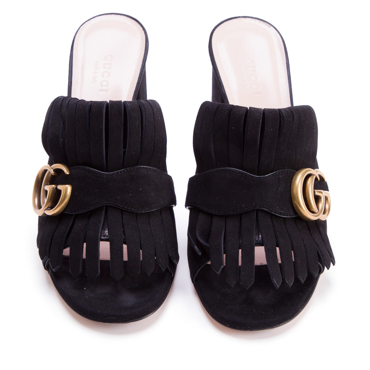 Gucci Black Kid Scamosciato GG Marmont Fringe 75mm Slide Sandals, Women's Size 37