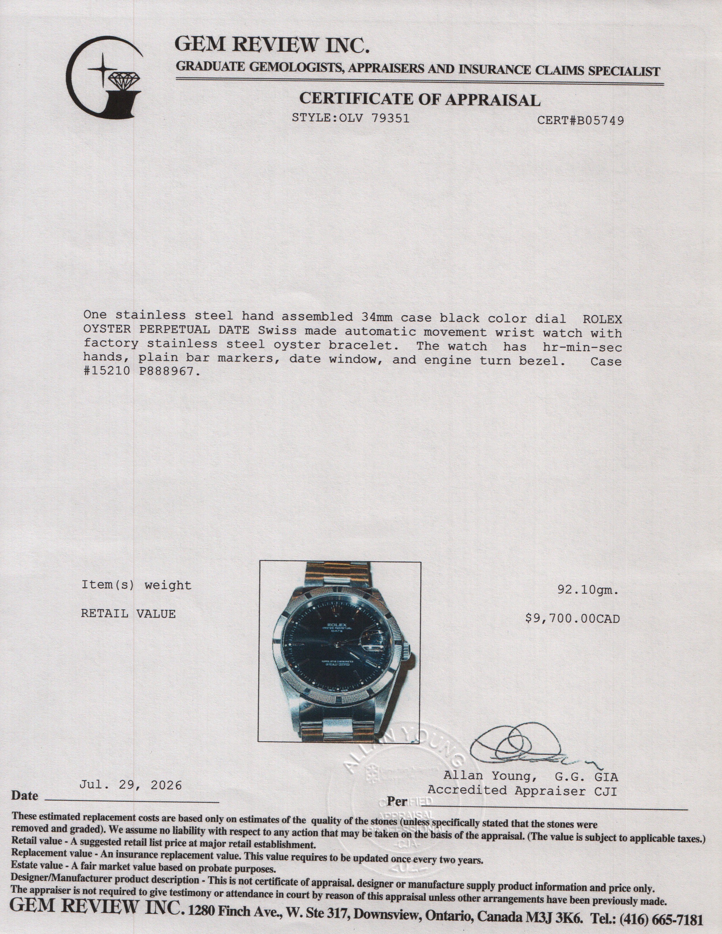 Rolex Stainless Steel Oyster Perpetual Date 34 MM Watch Black Dial 15210 w/ Box & Papers