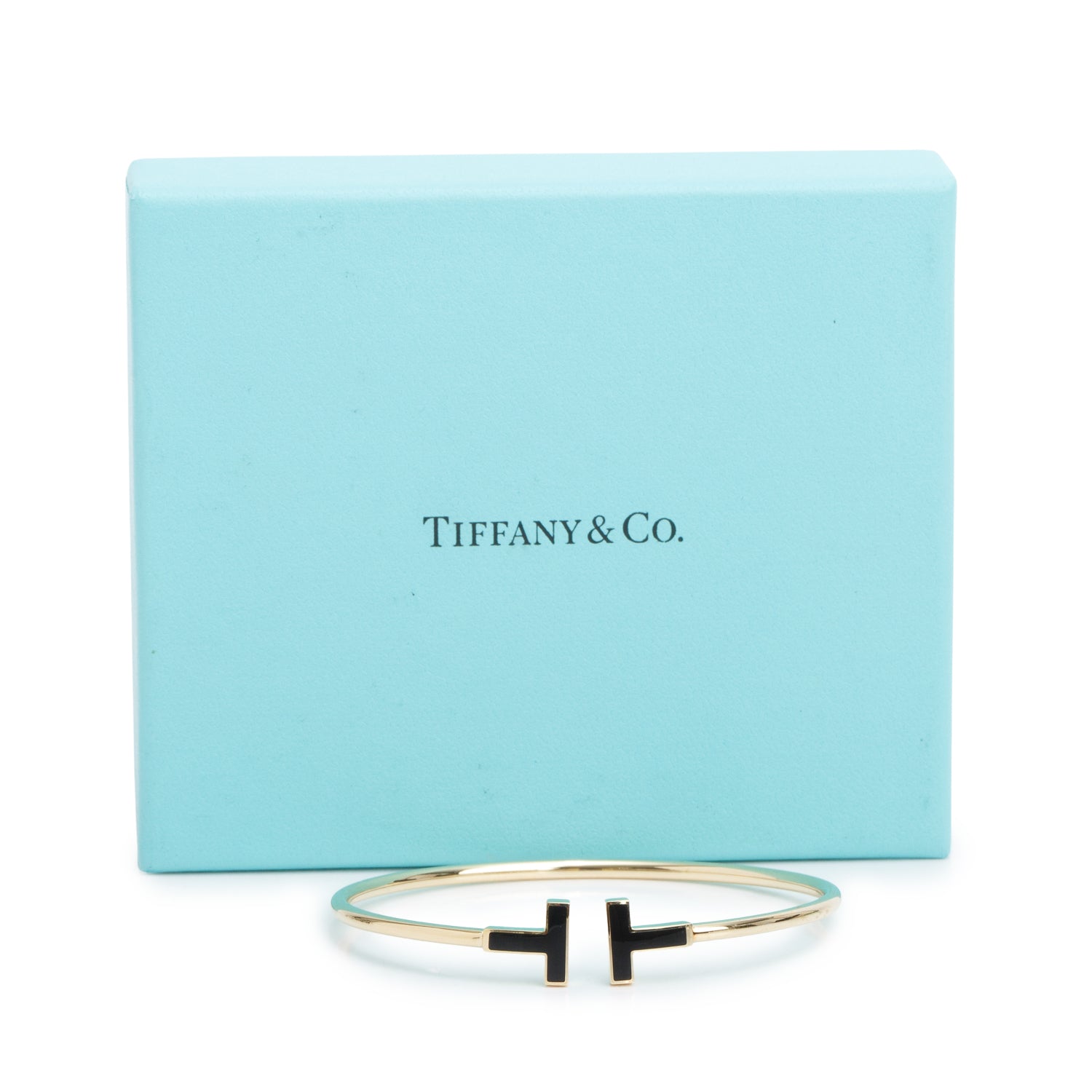 Tiffany & Co. 18k Yellow Gold Onyx T Wire Bracelet w/ Box