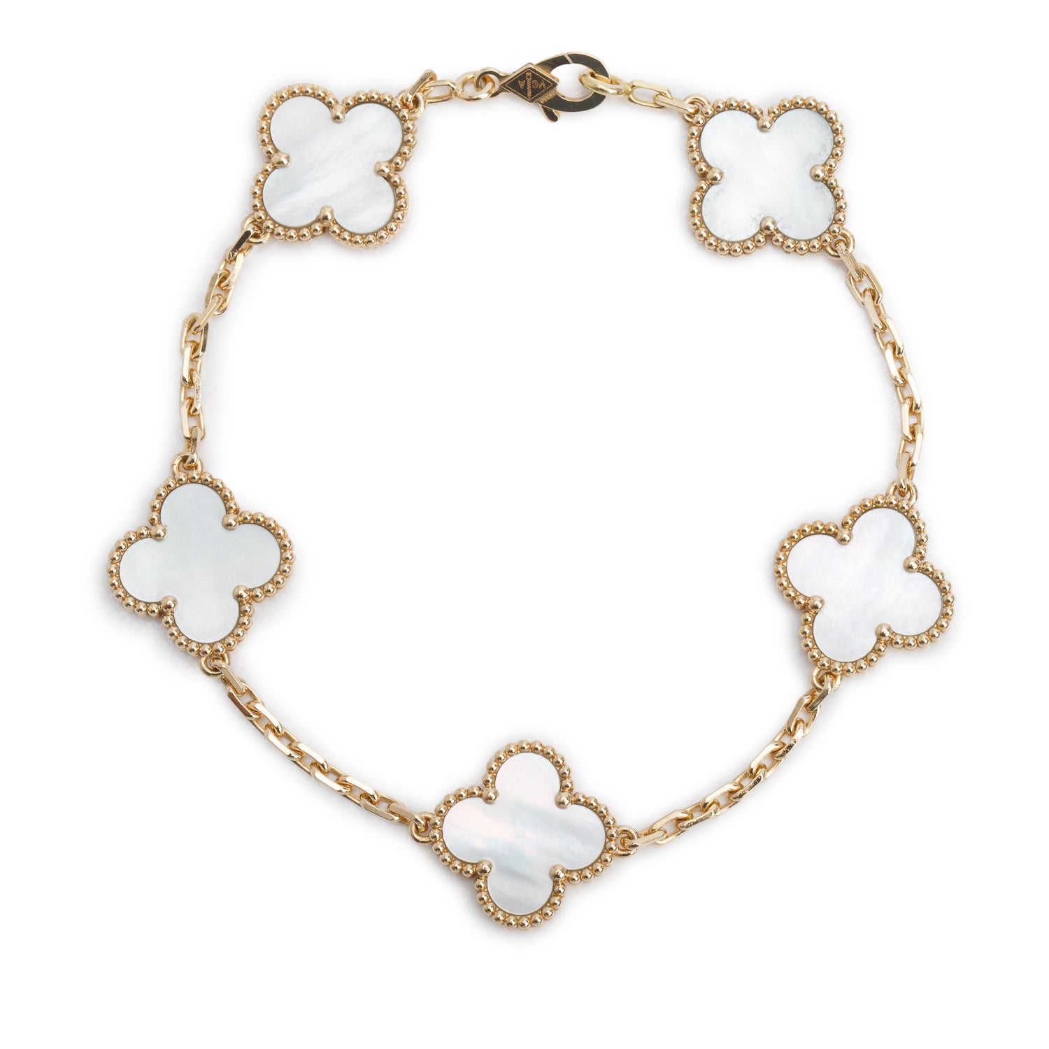 Van Cleef & Arpels 2025 18k Yellow Gold Vintage Alhambra 5 Motif Mother of Pearl Bracelet w/ Box