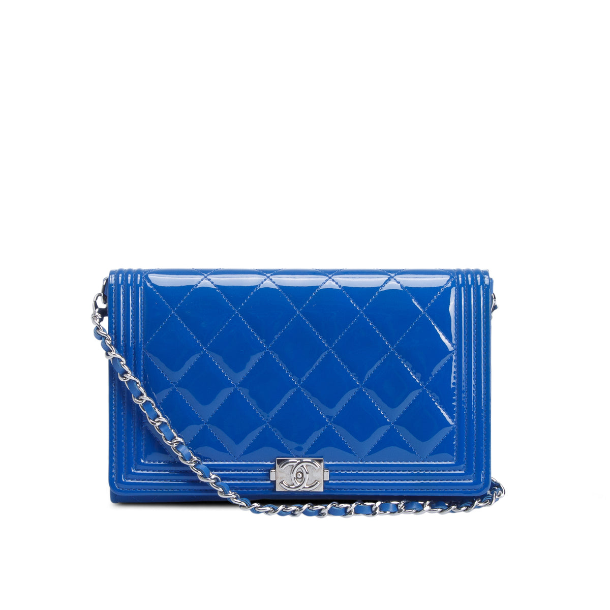 Chanel Blue Patent Leather Quilted Boy Wallet on Chain