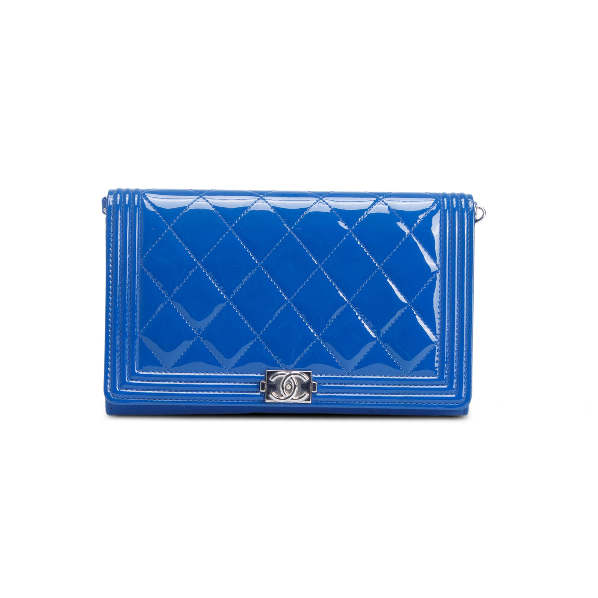 Chanel Blue Patent Leather Quilted Boy Wallet on Chain
