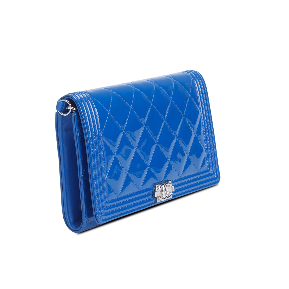 Chanel Blue Patent Leather Quilted Boy Wallet on Chain