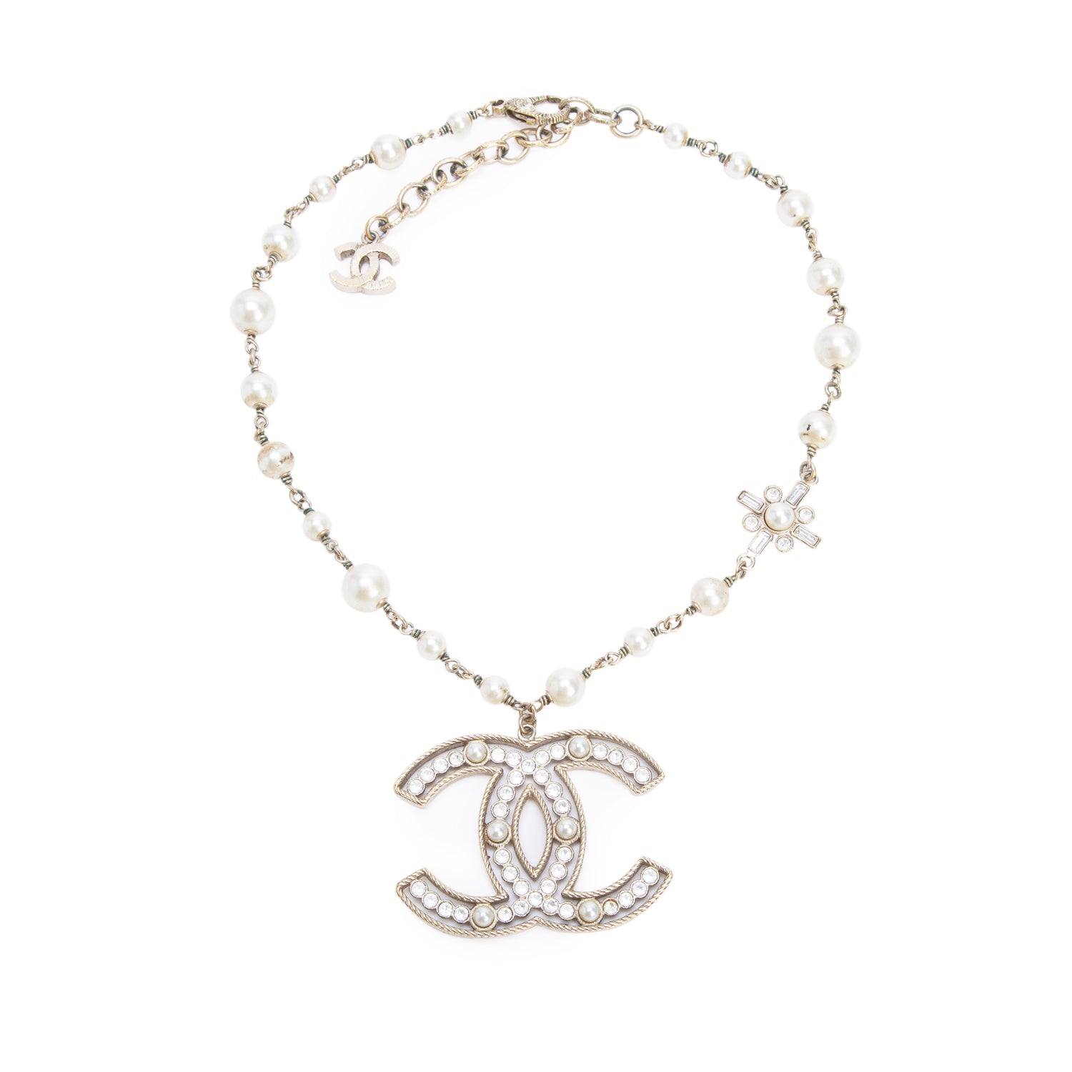 Chanel Gold-Plated Faux Pearl & Strass CC Collar Necklace