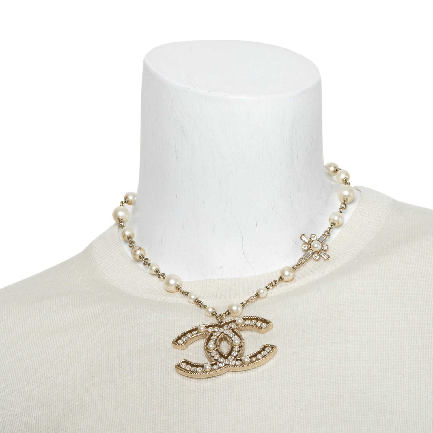 Chanel Gold-Plated Faux Pearl & Strass CC Collar Necklace