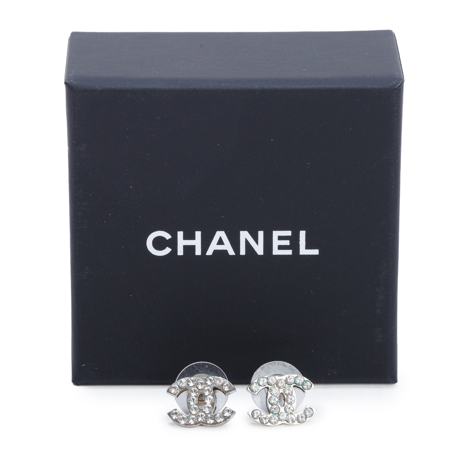Chanel Ruthenium Plated Strass CC Stud Earrings w/ Box