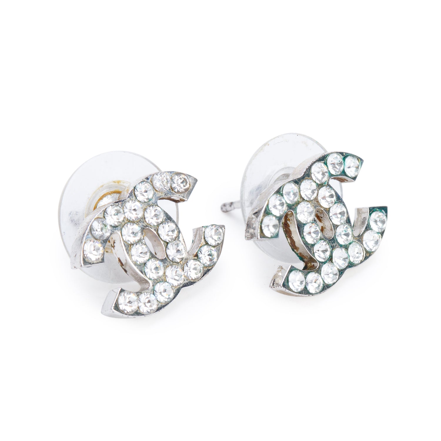 Chanel Ruthenium Plated Strass CC Stud Earrings w/ Box