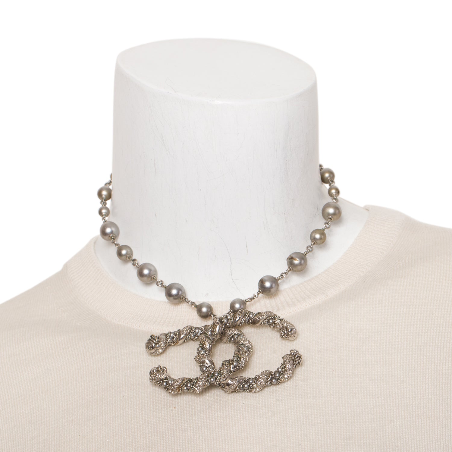 Chanel Palladium Plated & Strass Large Strass CC Pendant Necklace w/ Box