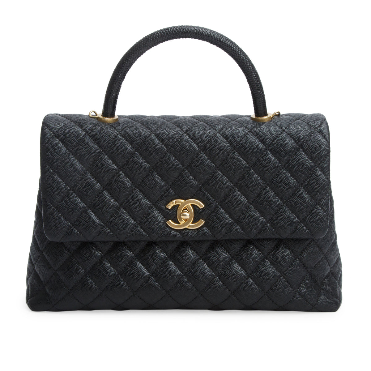 Chanel Black Caviar Lizard Quilted Medium Coco Handle Flap w/ Authenticity Card