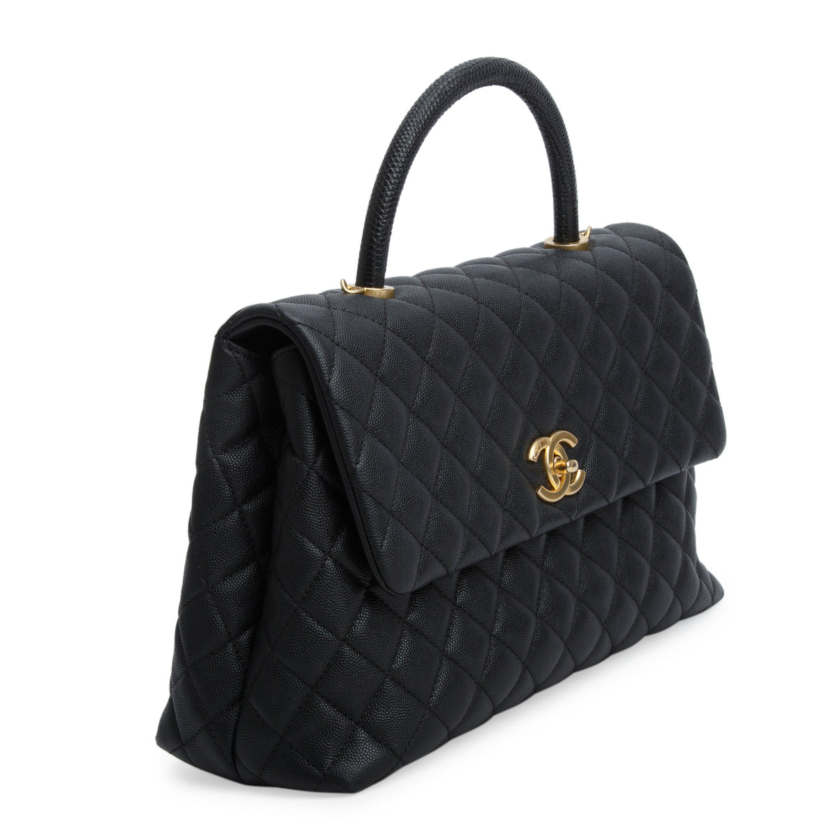 Chanel Black Caviar Lizard Quilted Medium Coco Handle Flap w/ Authenticity Card
