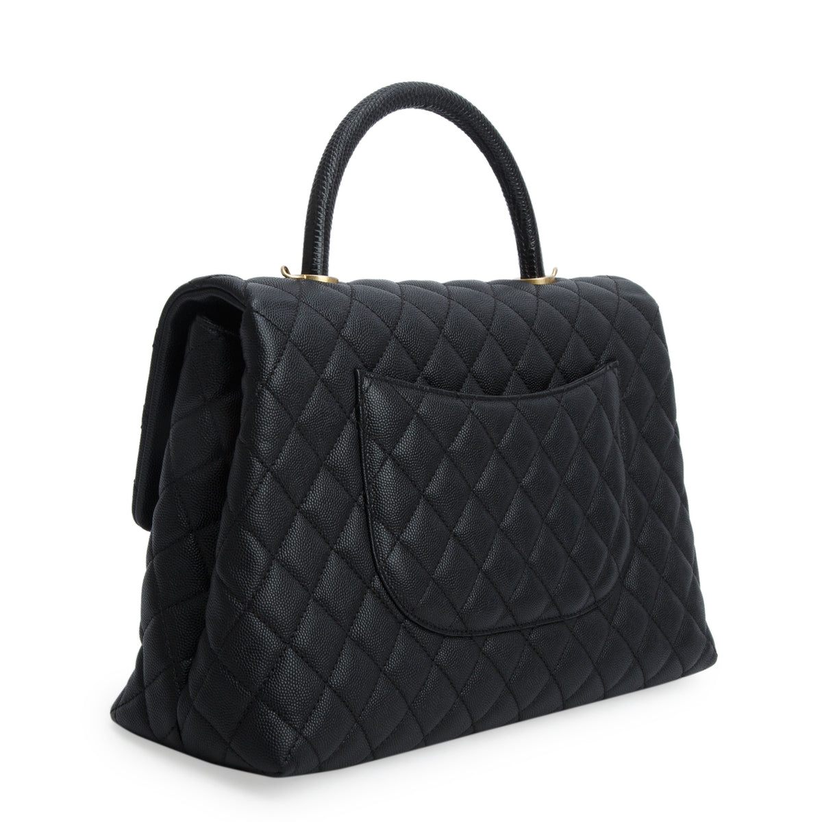 Chanel Black Caviar Lizard Quilted Medium Coco Handle Flap w/ Authenticity Card