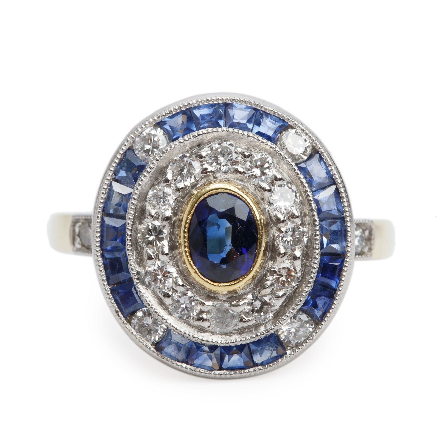 18k Yellow Gold Blue Sapphire & Diamond Cocktail Ring, Size 7
