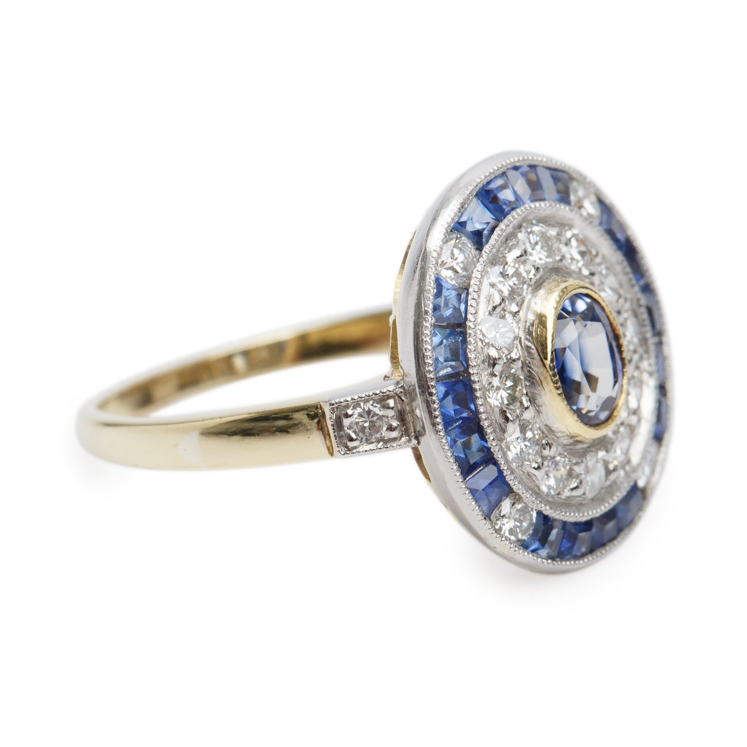 18k Yellow Gold Blue Sapphire & Diamond Cocktail Ring, Size 7
