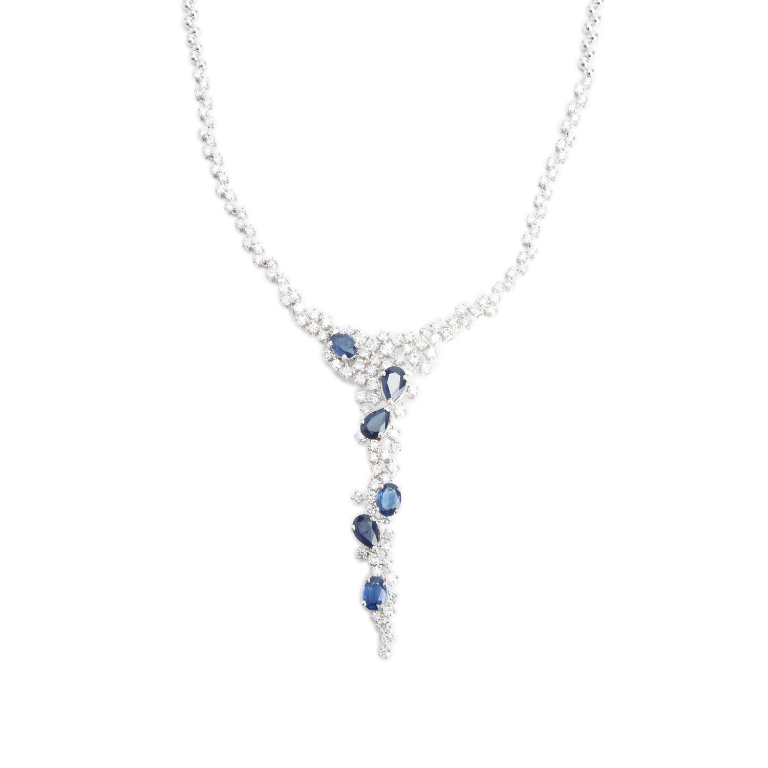18k White Gold Blue Sapphire and Diamond Lariat Necklace