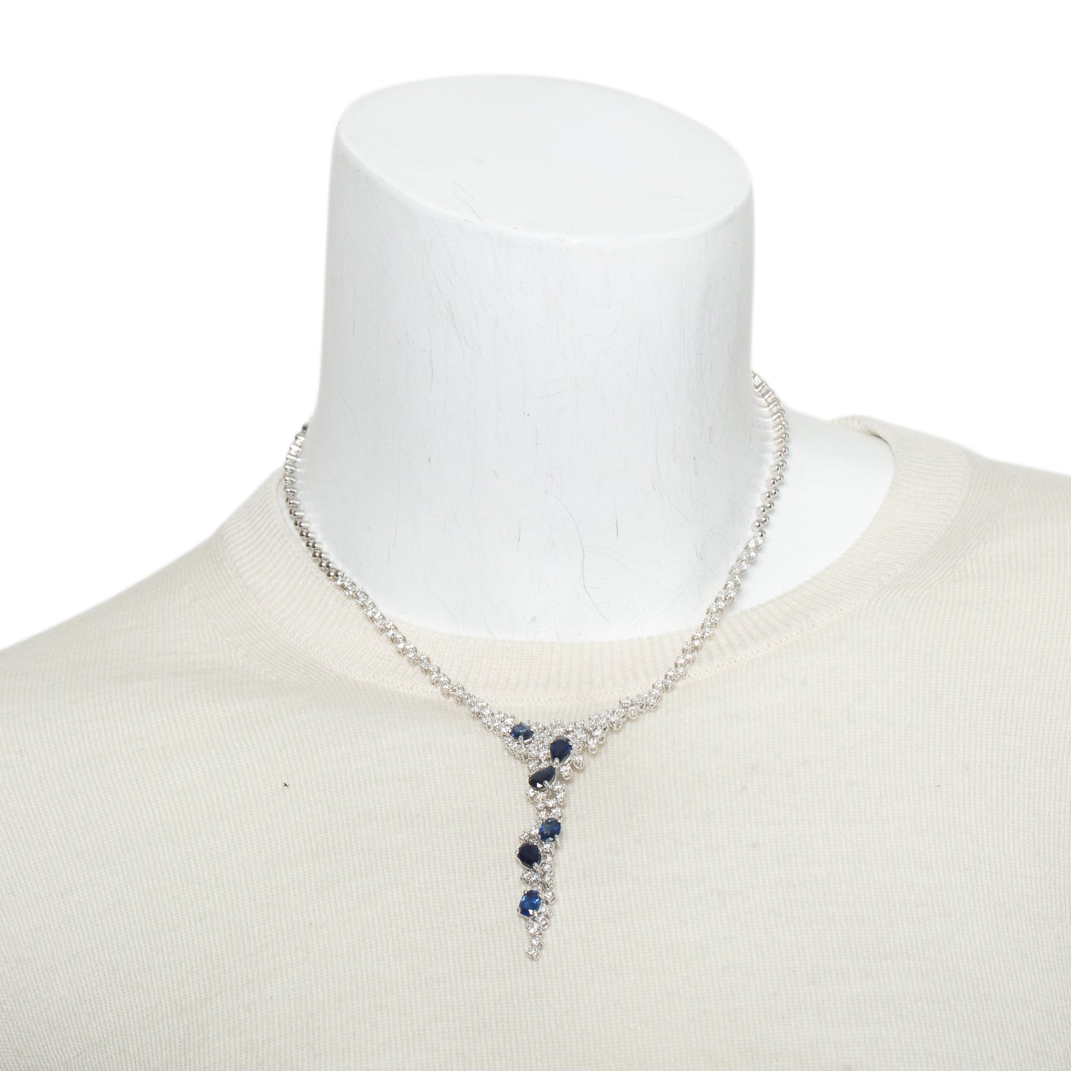 18k White Gold Blue Sapphire and Diamond Lariat Necklace