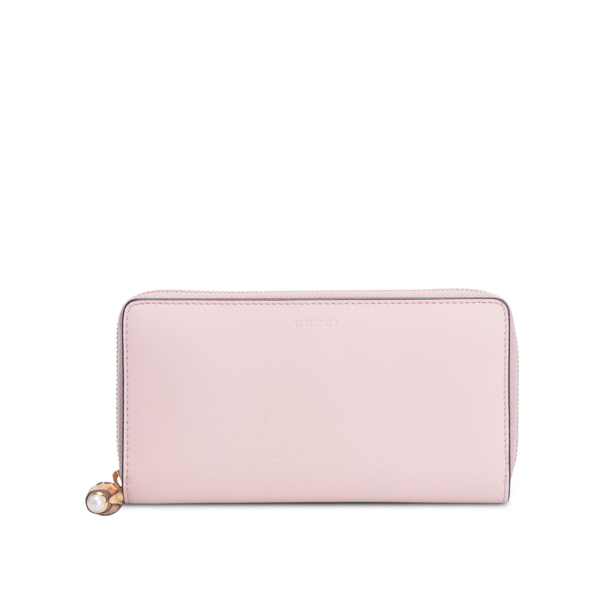 Gucci Pink Calfskin Script Bamboo Zip Around Wallet