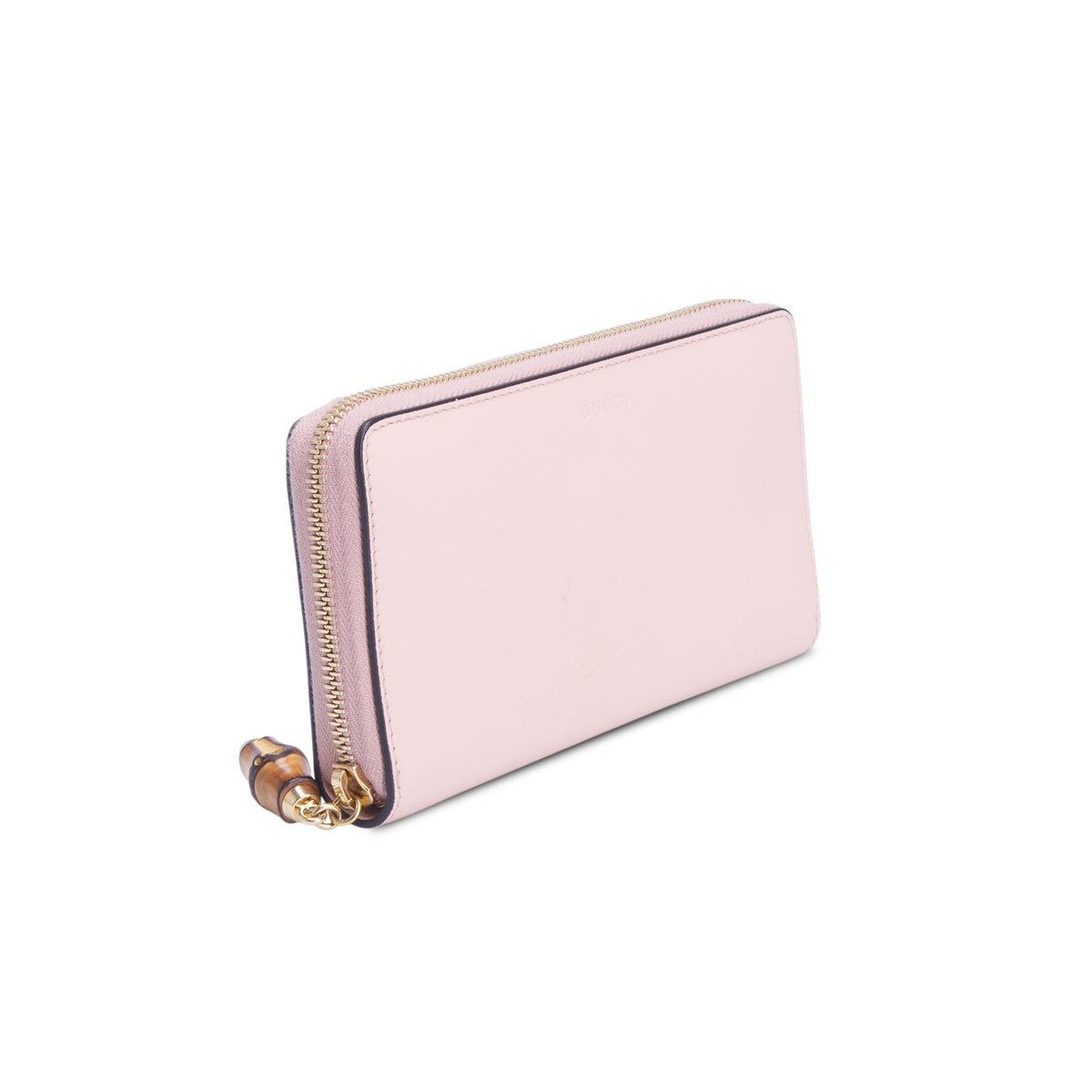 Gucci Pink Calfskin Script Bamboo Zip Around Wallet