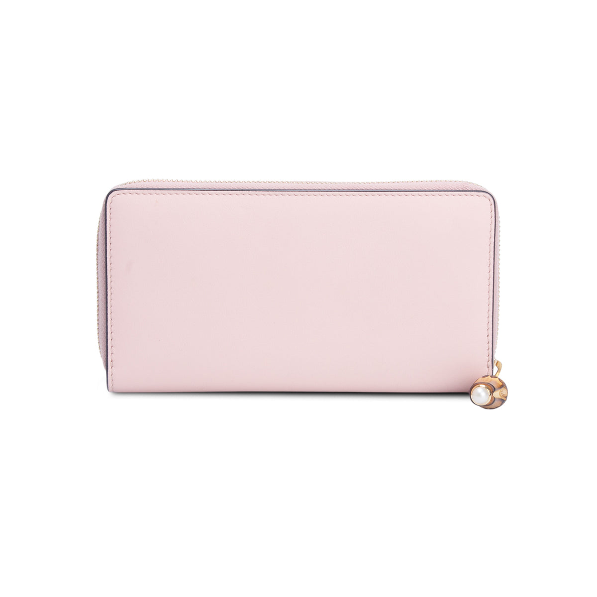 Gucci Pink Calfskin Script Bamboo Zip Around Wallet