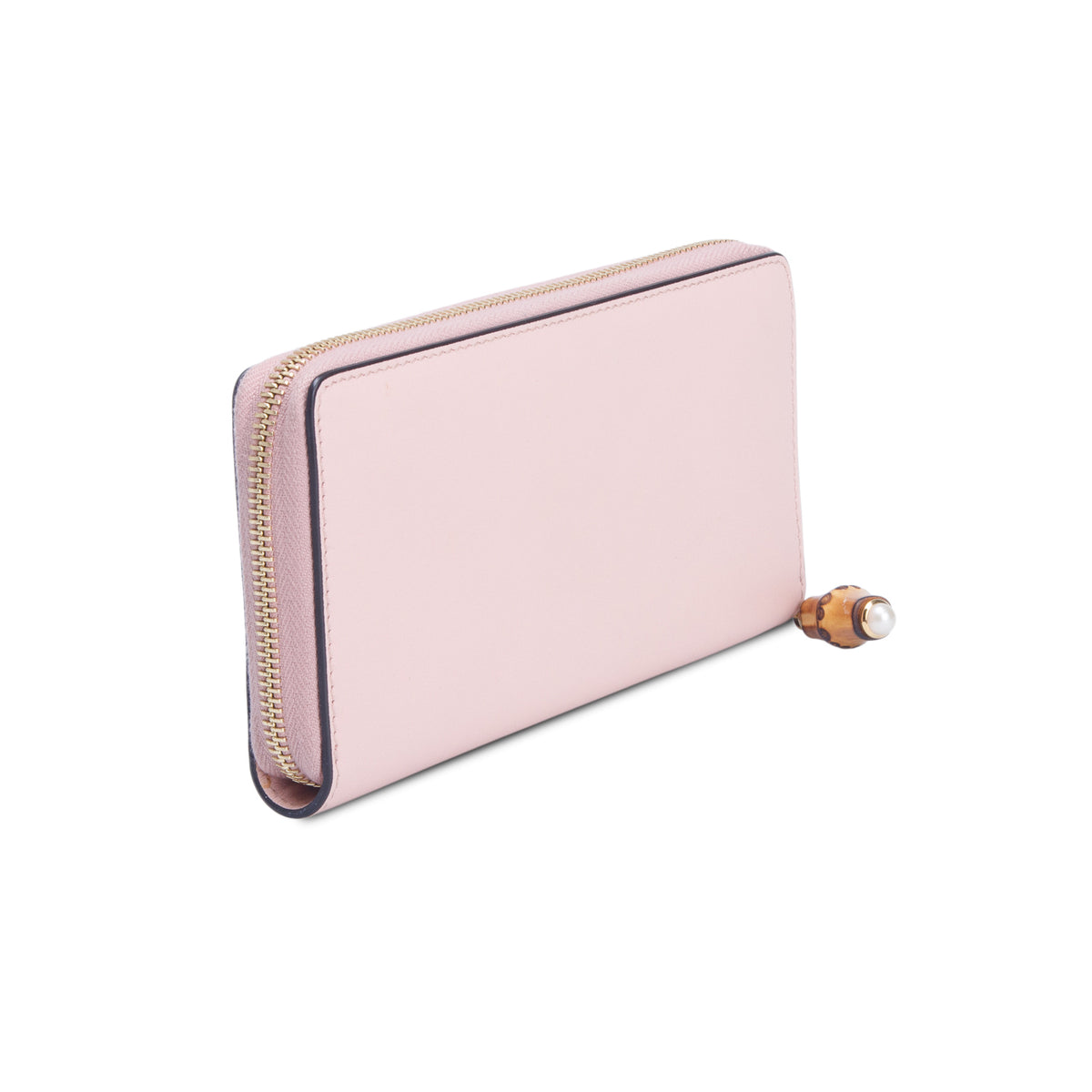 Gucci Pink Calfskin Script Bamboo Zip Around Wallet