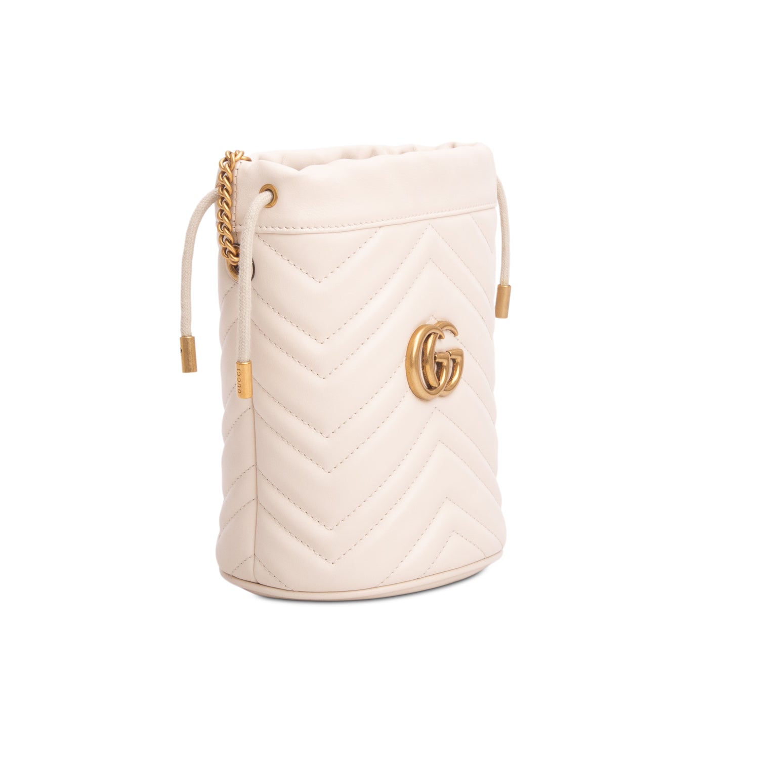 Gucci Cream Calfskin Leather GG Marmont Mini Bucket Bag w/ Box