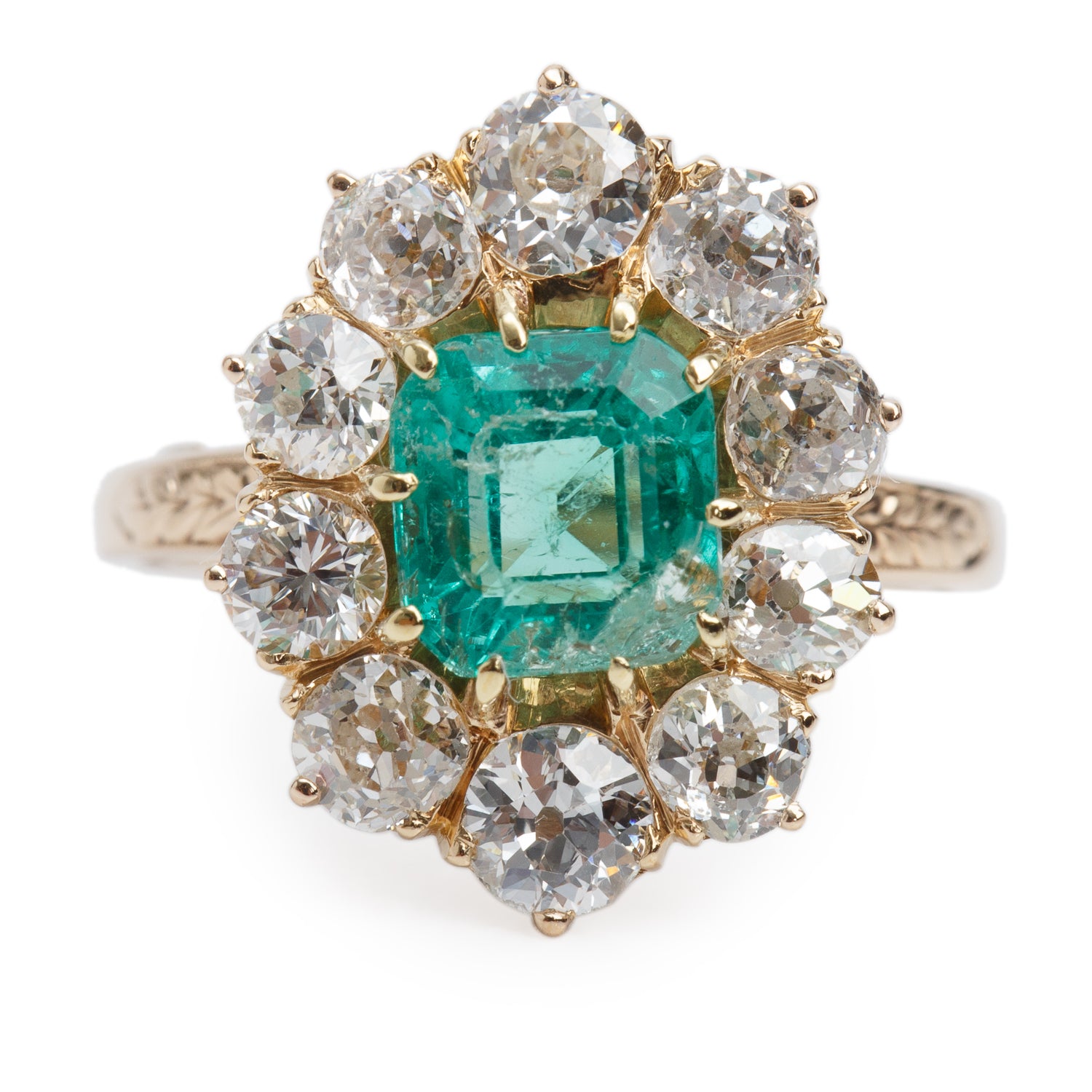Antique 14k Yellow Gold Emerald & Diamond Ring, Size 5.75