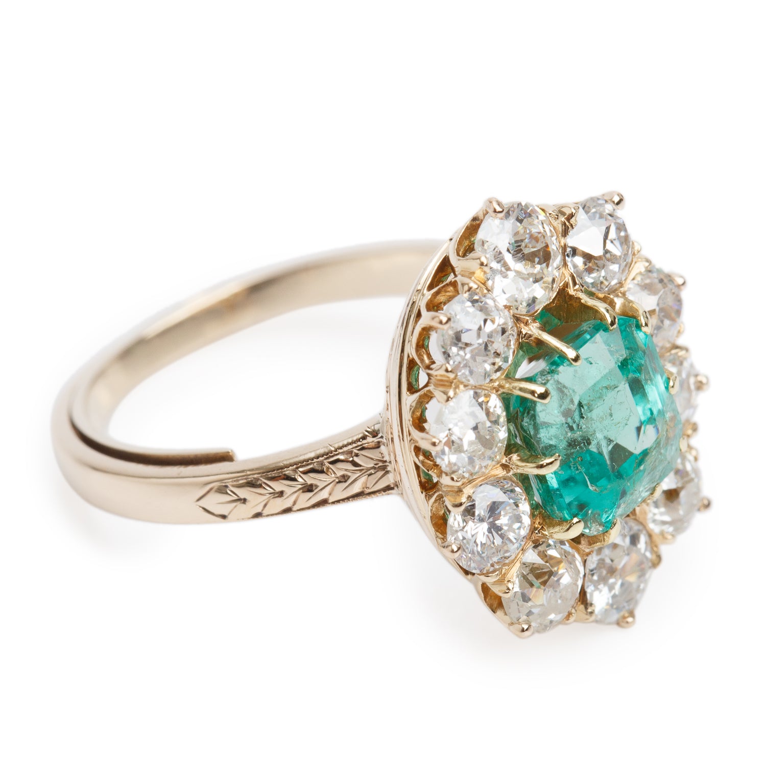 Antique 14k Yellow Gold Emerald & Diamond Ring, Size 5.75