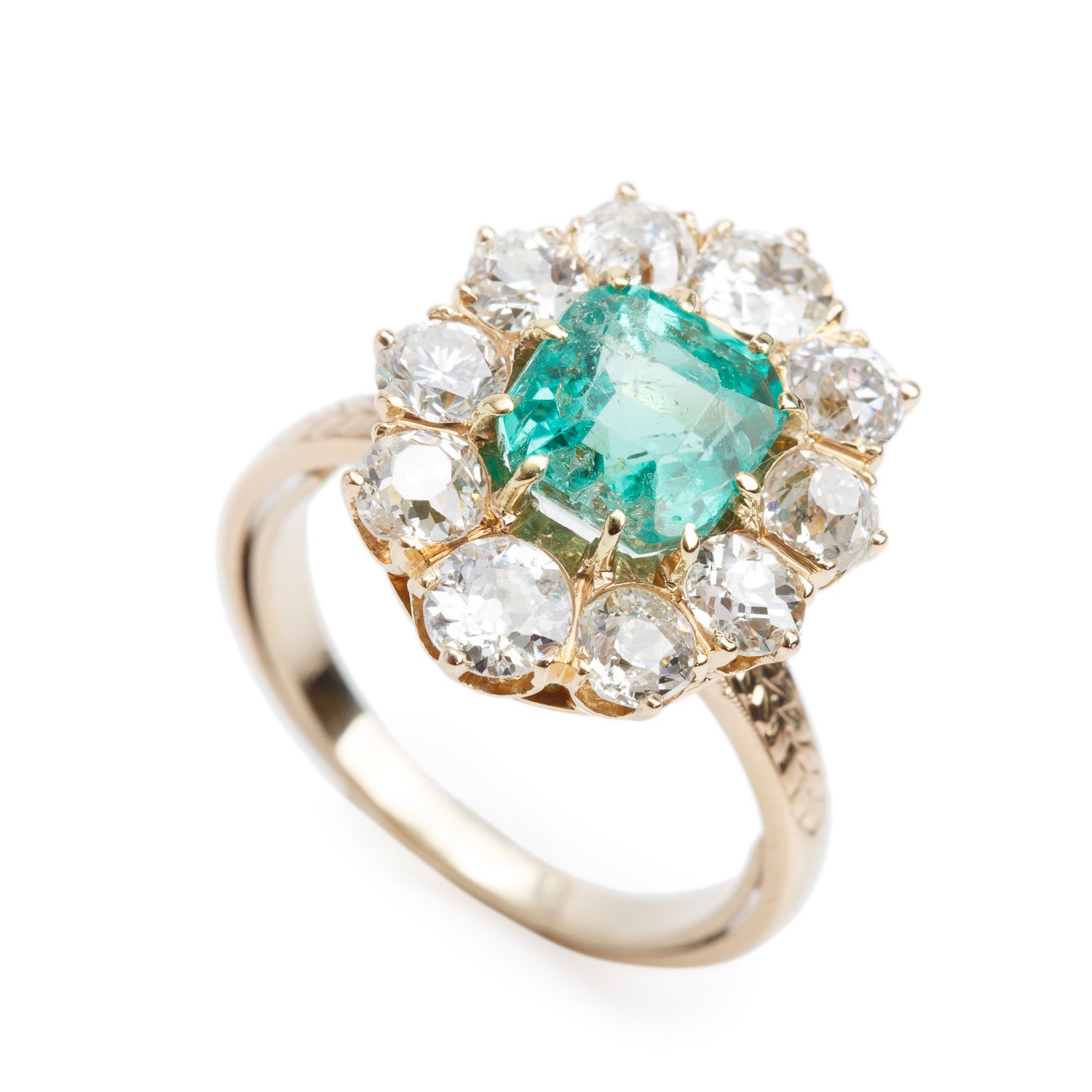 Antique 14k Yellow Gold Emerald & Diamond Ring, Size 5.75