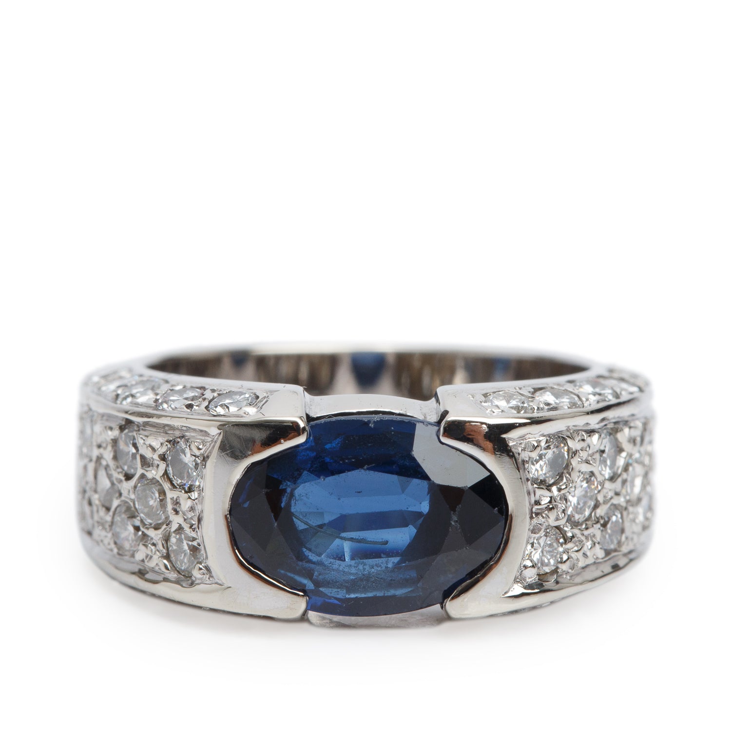 18k White Gold Blue Sapphire & Diamond Cocktail Ring, Size 5.5