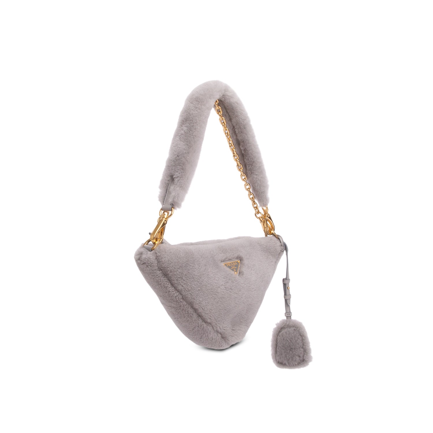 Prada Grey Shearling Symbole Mini Triangle Bag w/ Box & Straps