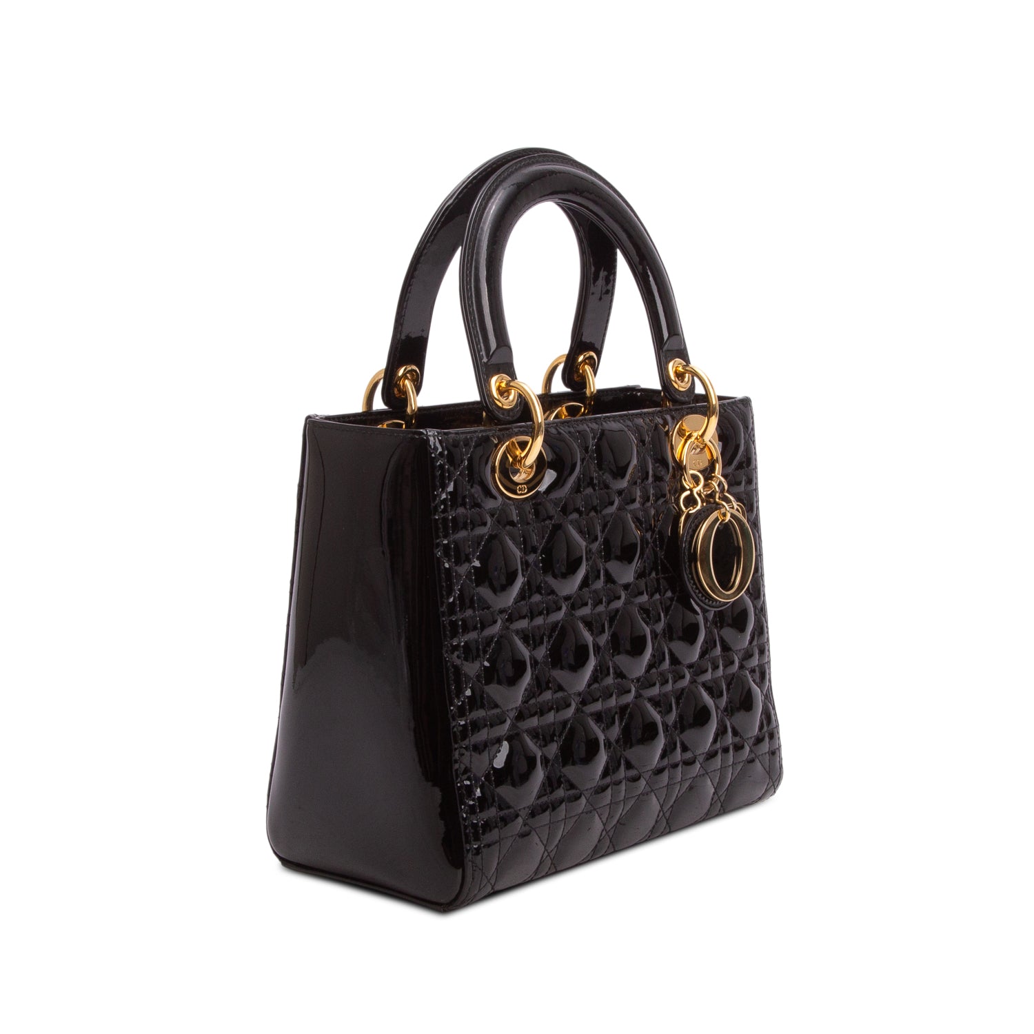 Christian Dior Black Cannage Patent Leather Medium Lady Dior Bag w/ Authenticity Card
