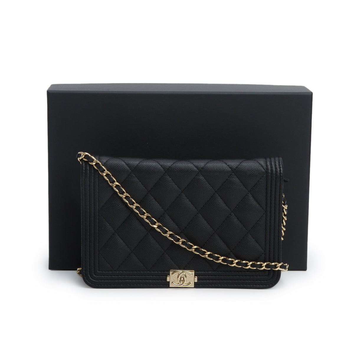 Chanel Black Caviar Leather Boy Wallet on Chain w/ Box & Authenticity Card