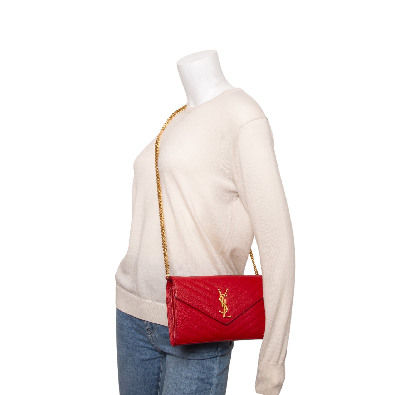 Saint Laurent Red Grain De Poudre Chevron Cassandre Envelope Chain Wallet
