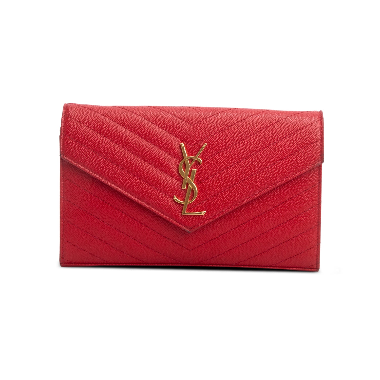 Saint Laurent Red Grain De Poudre Chevron Cassandre Envelope Chain Wallet