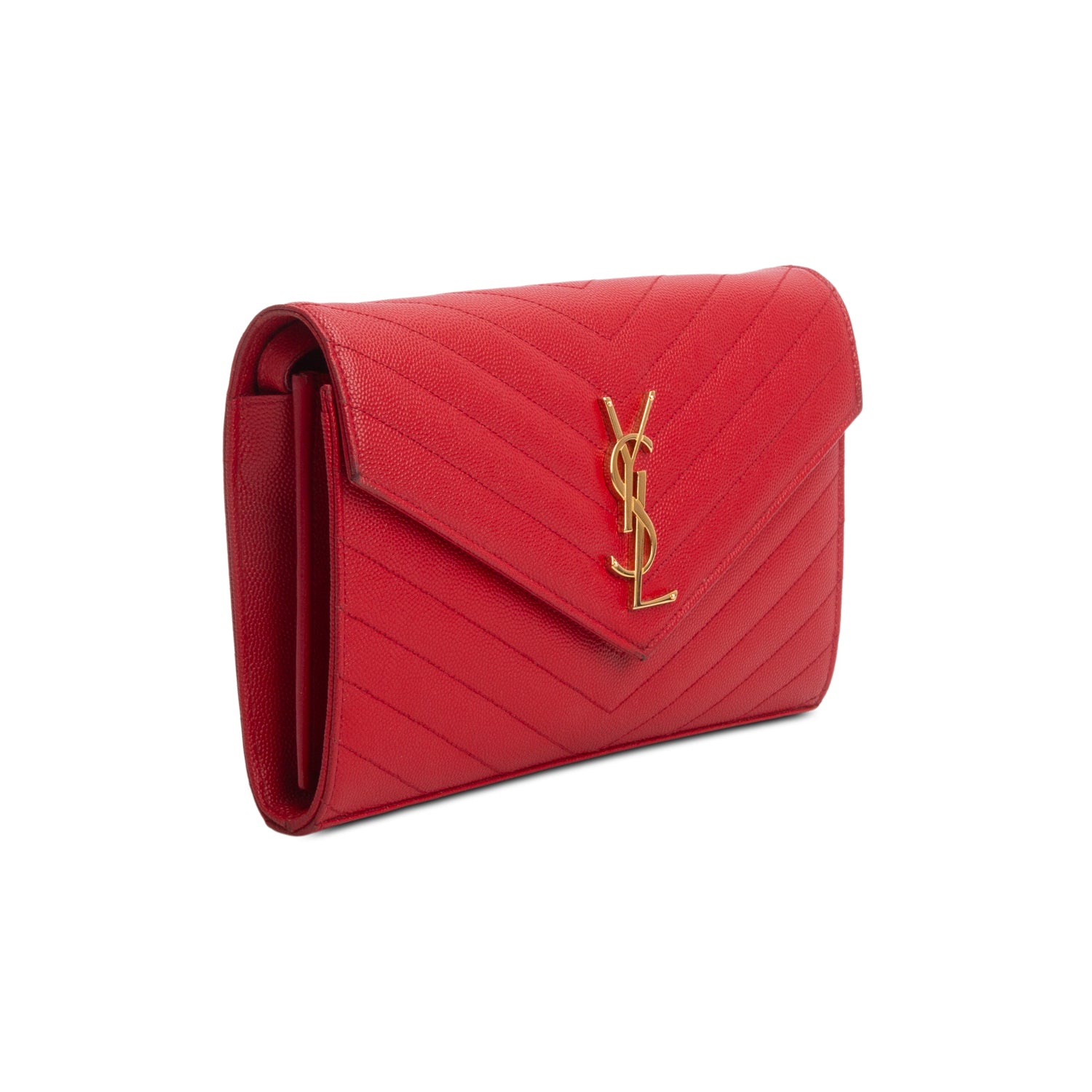 Saint Laurent Red Grain De Poudre Chevron Cassandre Envelope Chain Wallet