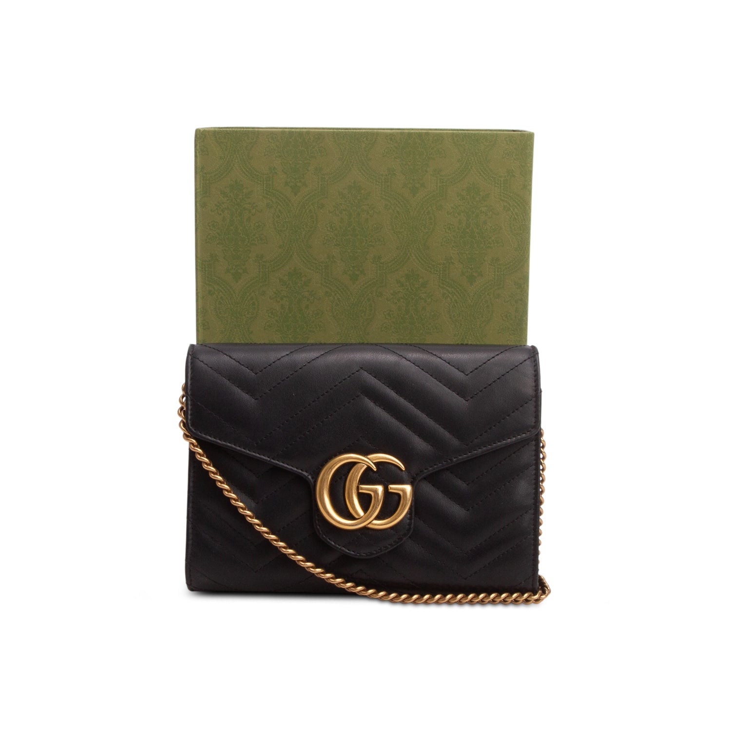 Gucci Black Calfskin Matelasse GG Marmont Wallet on Chain w/ Box