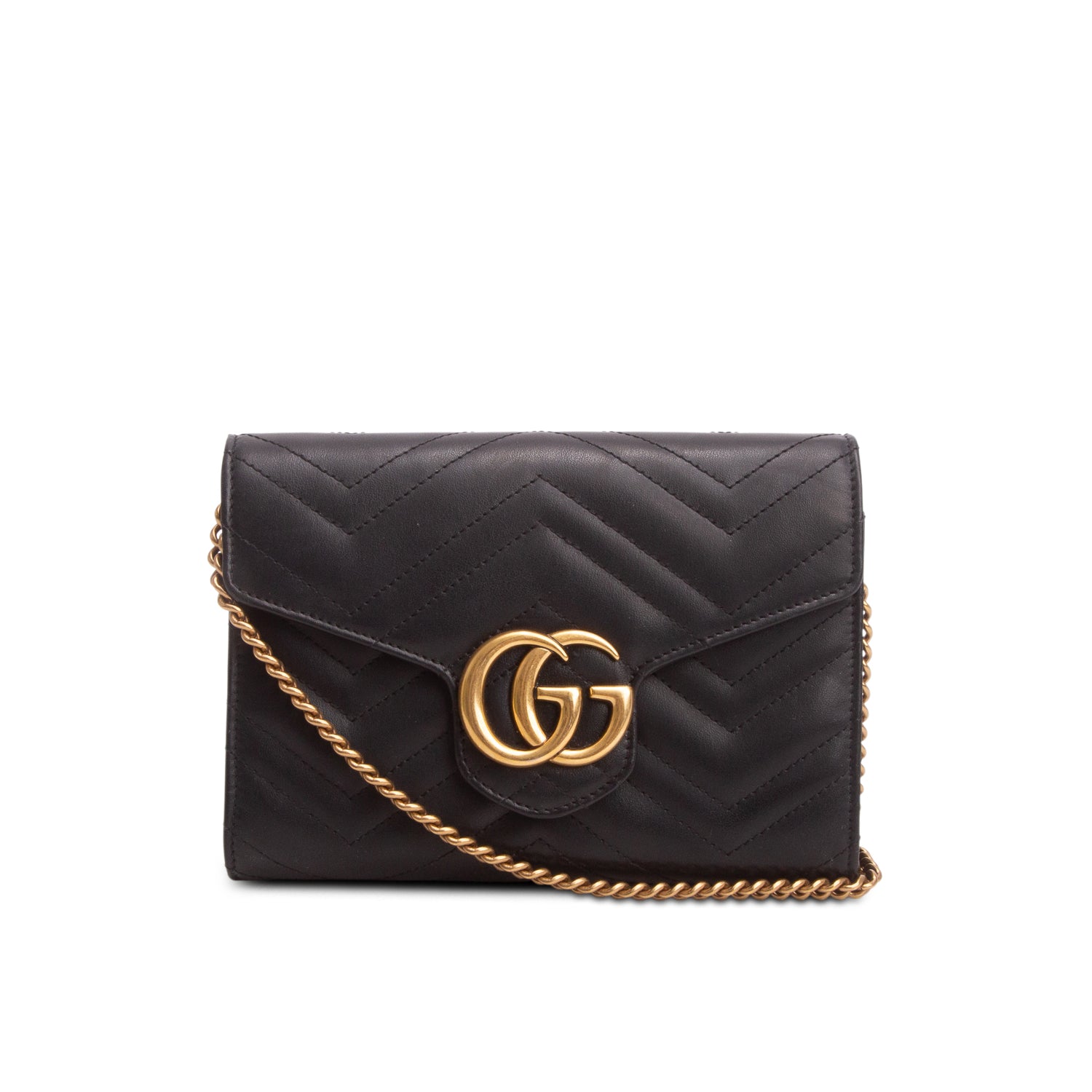 Gucci Black Calfskin Matelasse GG Marmont Wallet on Chain w/ Box