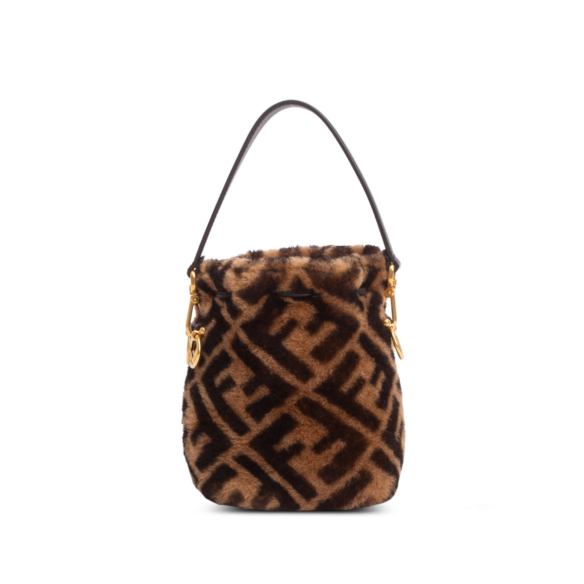 Fendi Brown Shearling Vitello Dolce F is Fendi Macro FF 1974 Mini Mon Tresor Bucket Bag